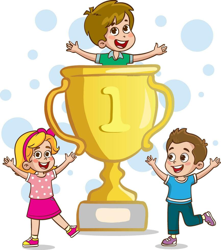 happy cute kid boy win game gold trophy vector