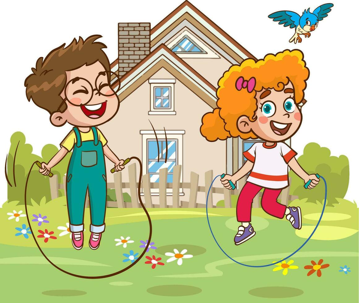 cute little kids playing together and skipping rope. vector