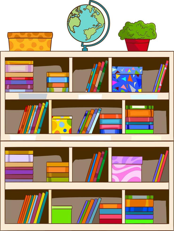 Vector flat cartoon books on bookcase stand isolated on empty background-furniture and interior elements,reading and learning concept,web site banner ad design