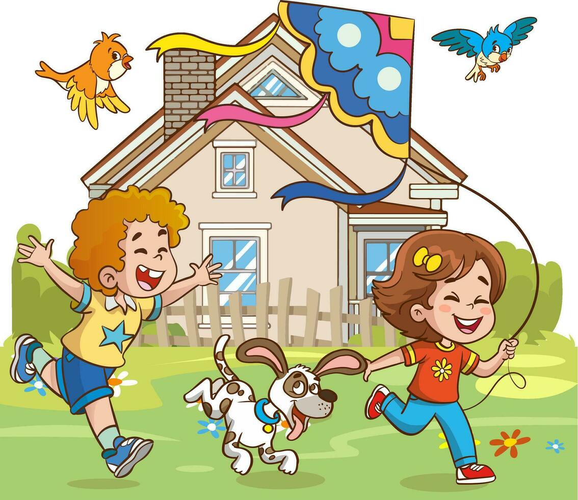 little kids playing with his friend in nature and feeling happy.kids flying kites.play time. vector