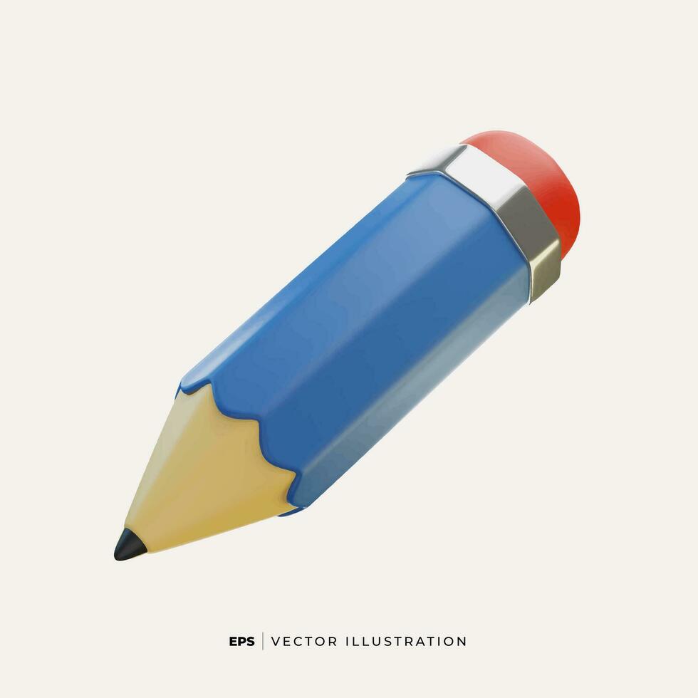 Blue 3D Realistic Pencil. Volumetric wooden object for writing and drawing. Vector short blue pencil, Realistic pencil isolated cartoon with rubber eraser. Vector isolated icon