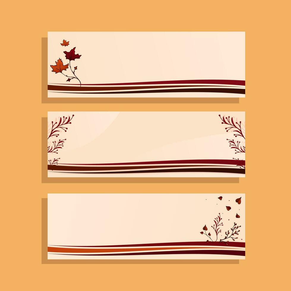 Set three autumn horizontal banners. Vector illustration. Background with Falling leaves and lines.