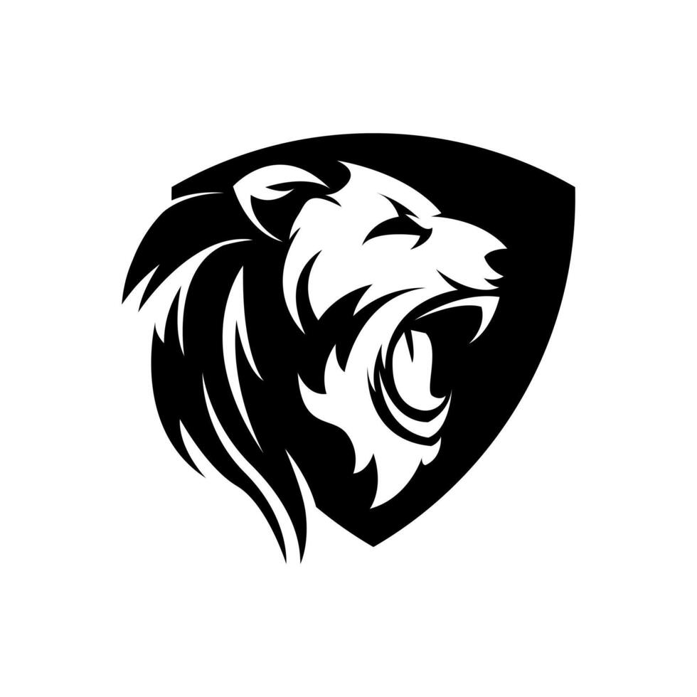 Lion emblem logo in black and white color with combination of shield