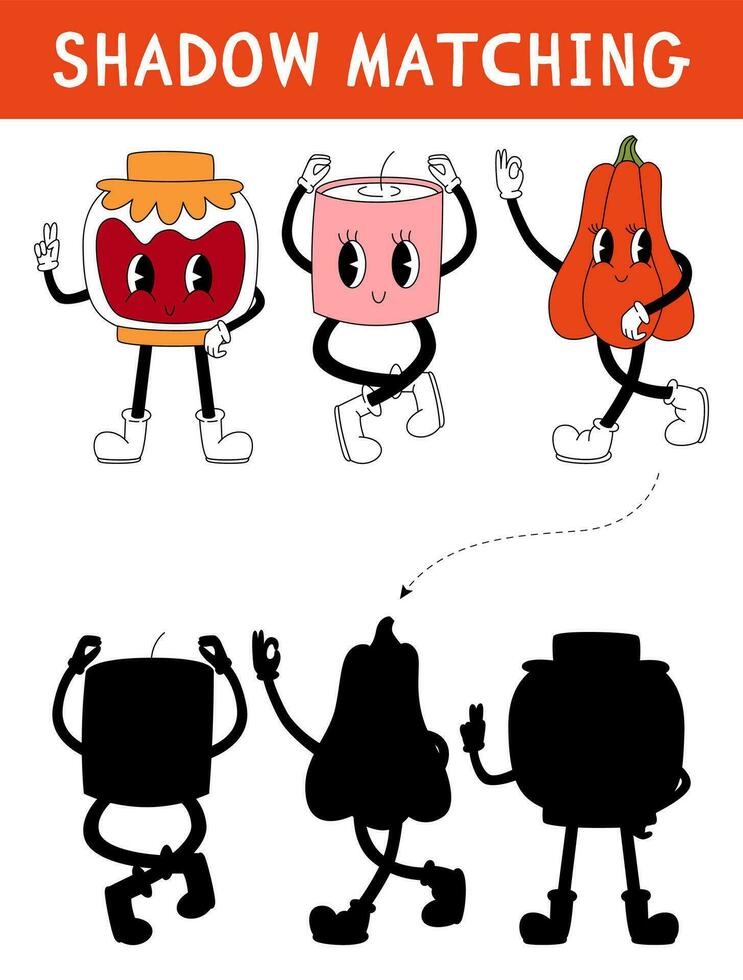 Autumn shadow matching activity with groovy in 80s, 70s style. Fall holiday puzzle with pumpkin, candle and jam. Find correct silhouette printable worksheet or game. Vector cartoon illustration.