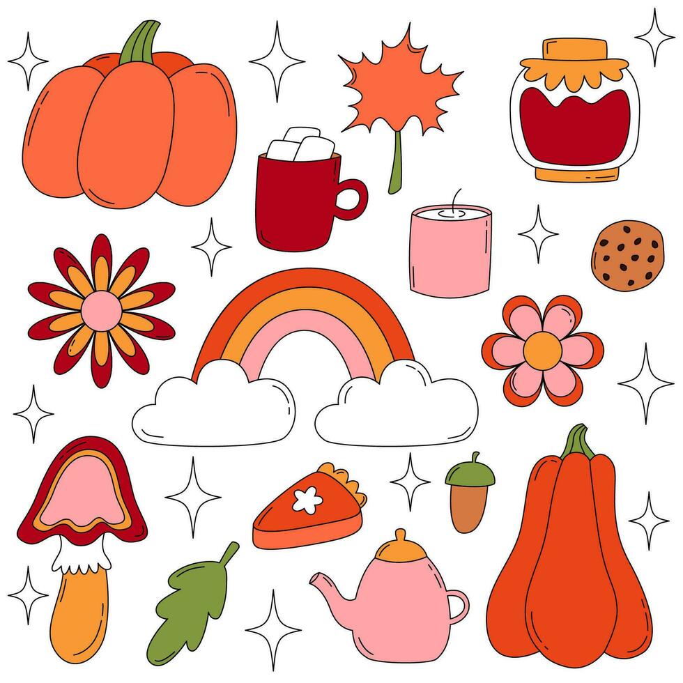 Set cozy autumn elements. Pumpkins, flowers, mushroom, rainbow, pumpkin pie, cocoa mug, cookies, leaf, teapot, jam and candle. Fall vibes decorative vector cartoon symbols.