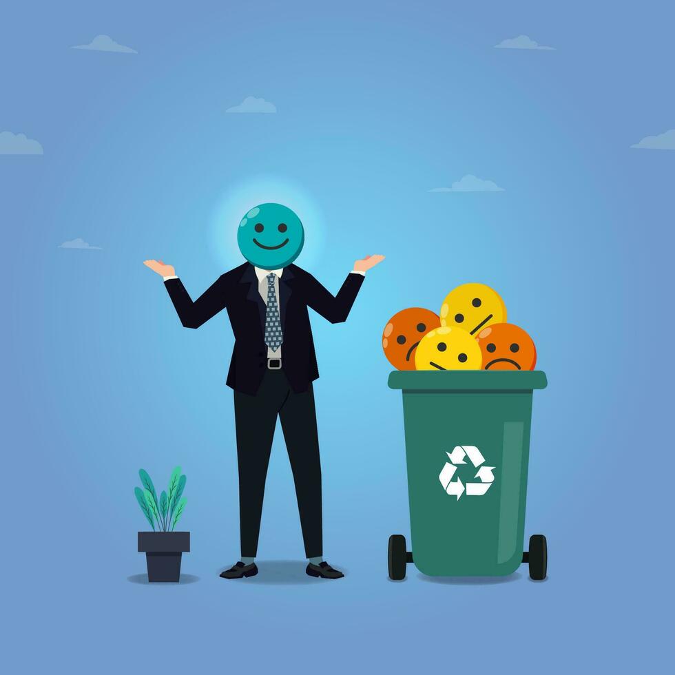 Businessman with smile emoticon head and the other emoticon are in trash. Face expression, fake emotion vector illustration