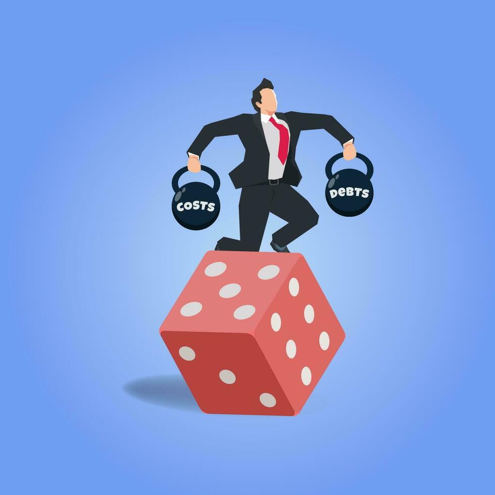 Businessman balanced on unstable red dice lifting weight costs and debts. Risk and speculative business concept vector illustration