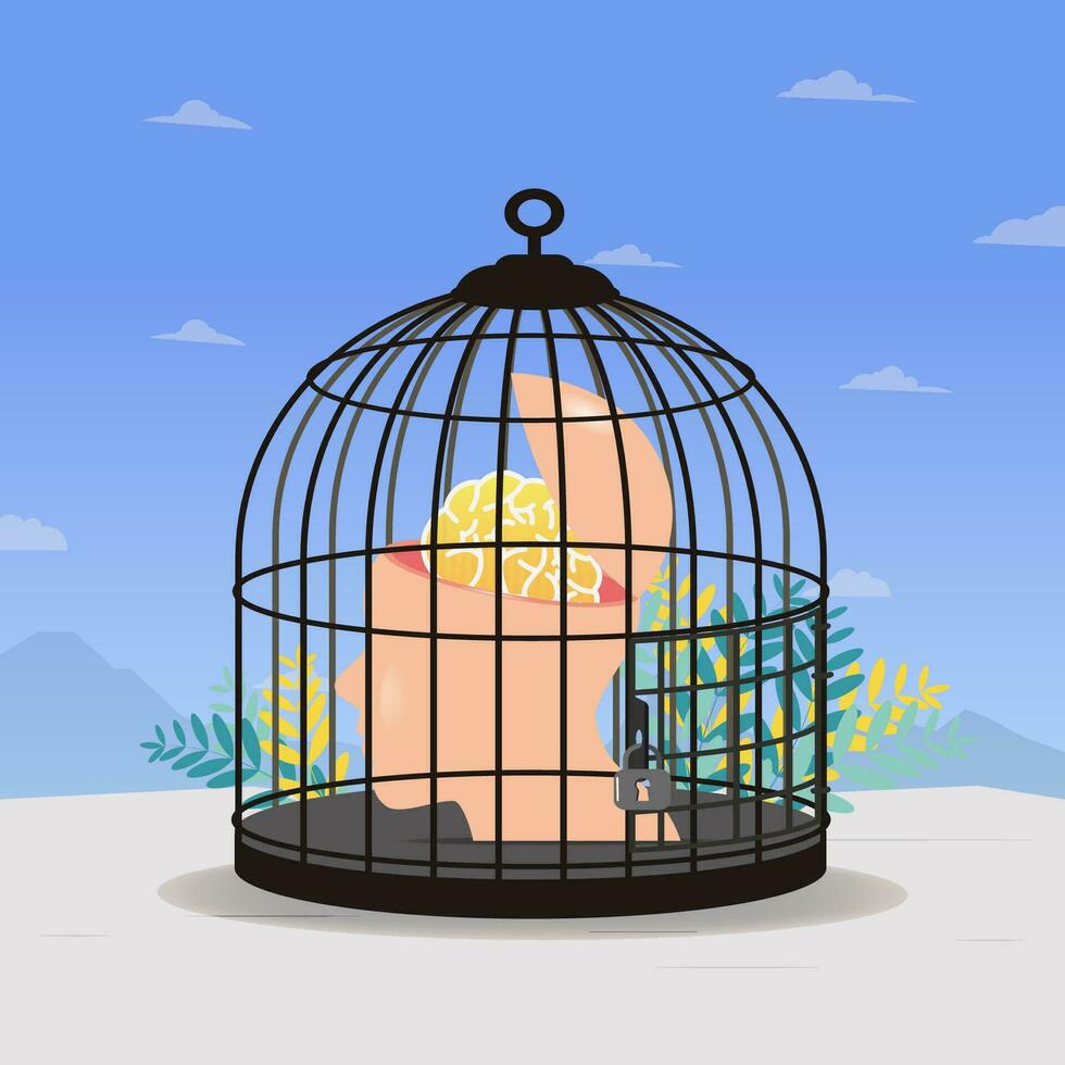 Brain in birdcage. Freedom of mind concept vector illustration