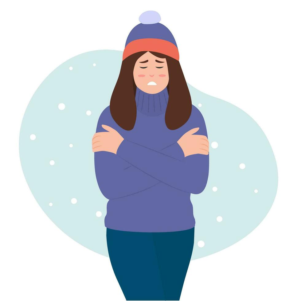 Woman shivering in chilling cold winter season weather. Winter season.Cold Weather, Freeze. Vector illustration