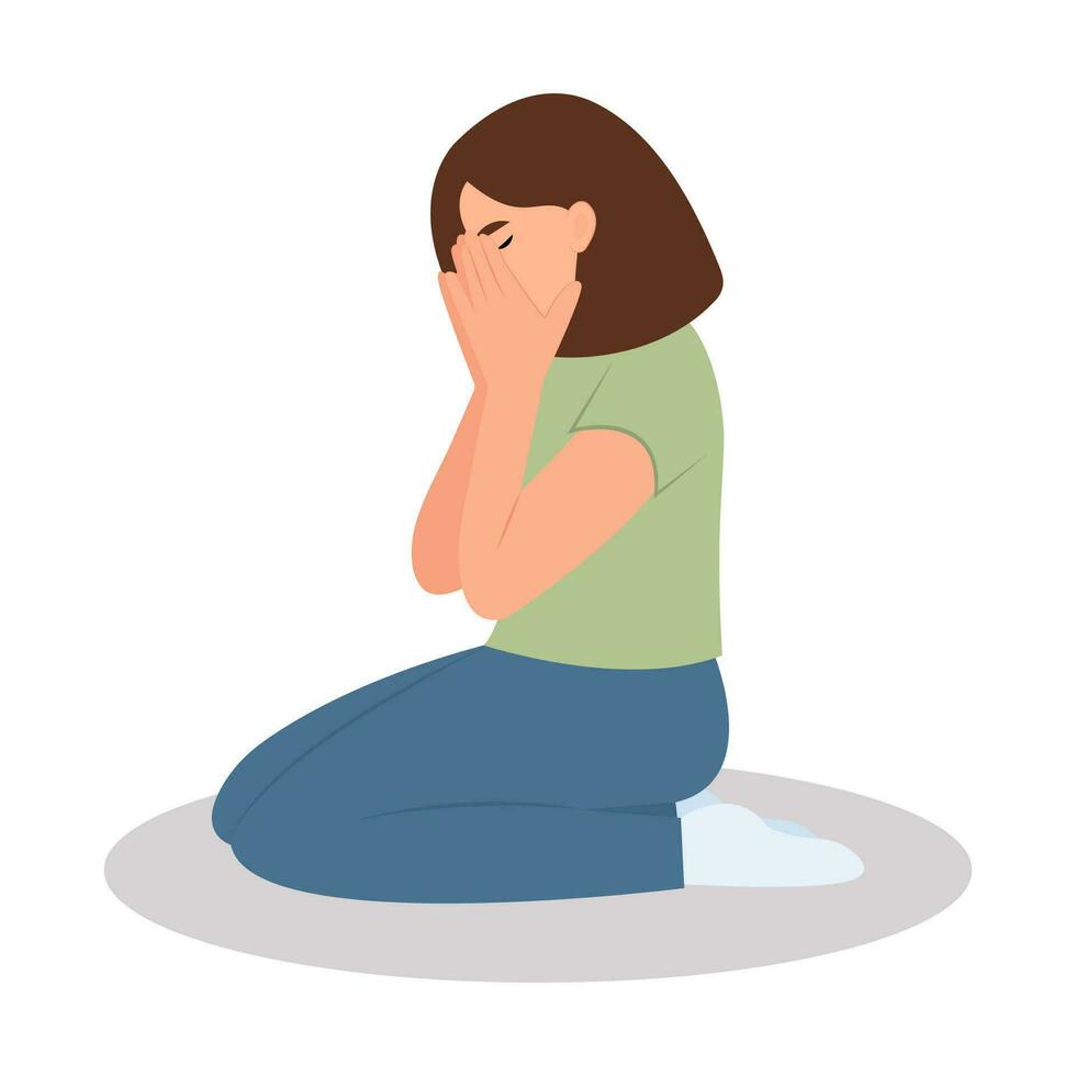 Lonely sad young girl cries covering her face with her hands. Sorrow and grief. The concept of mental disorder, sadness and depression. Vector illustration