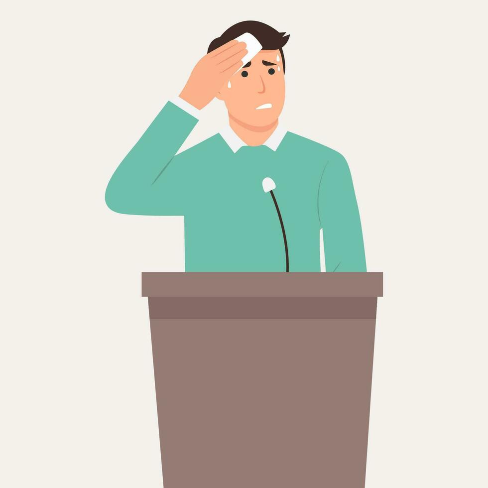 Glossophobia or fear of public speaking. Nervous man feel stressed speaking in front of public. Anxious worried male speaker sweat with pain and anxiety on stage. Concept of audience fear. vector