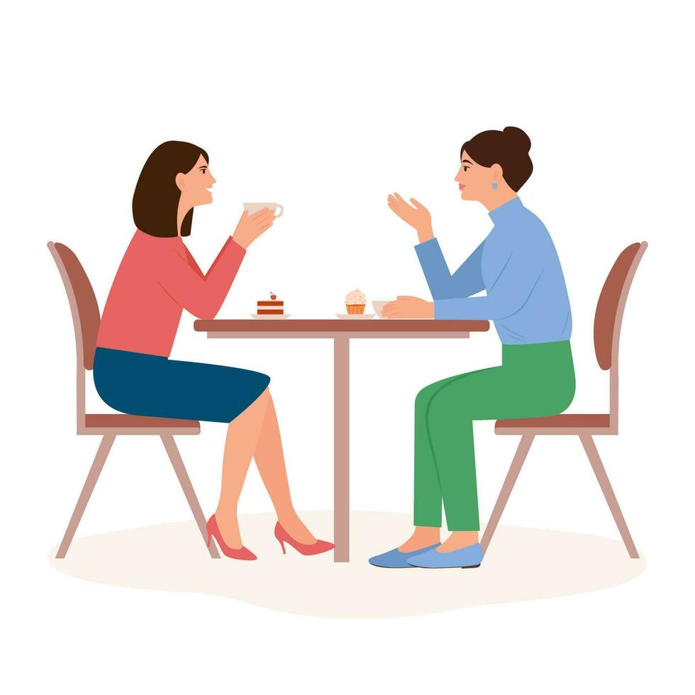 Smilling women sit at the table and chat in a cafe. Female friends drinking tea ot coffee together. People enjoying coffee break in public place, having tea in restaurant,conversation, eating. vector