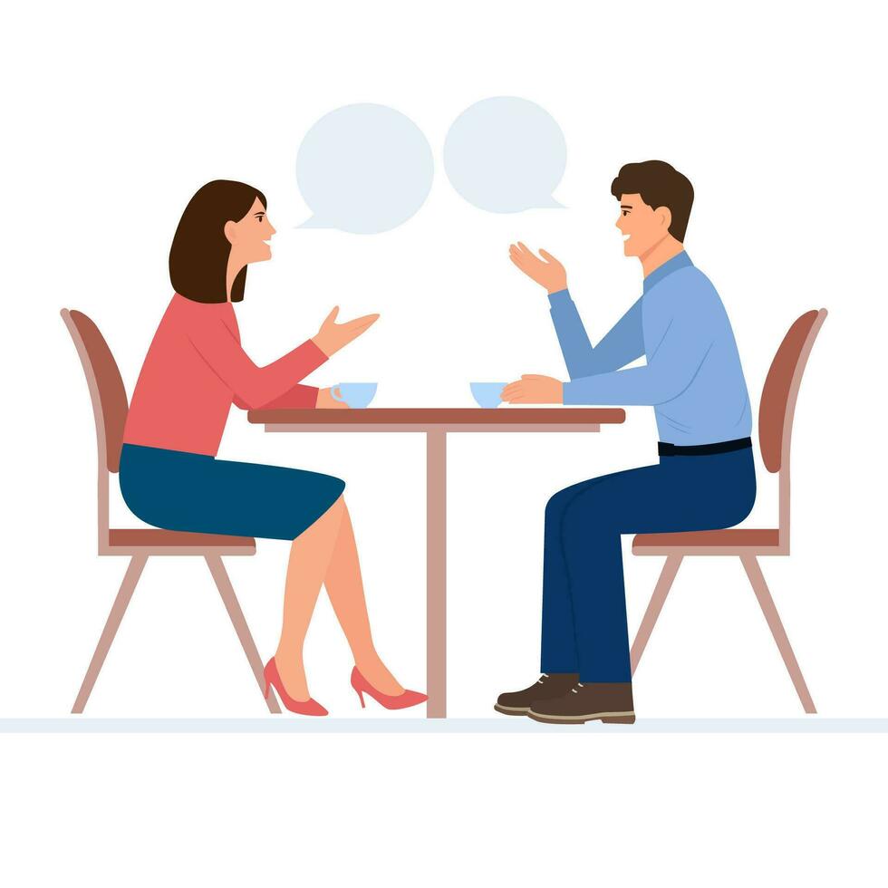 personas hablando juntos. hombre y mujer conversacion con habla burbujas plano vector ilustración