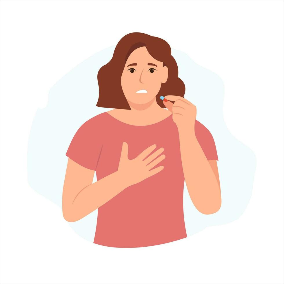 Woman holds a pill in her hand and intends to take it. Girl with chest attack.  Chest pain, heartache.Medication treatment, pharmacy and medicine, concept. Vector illustration