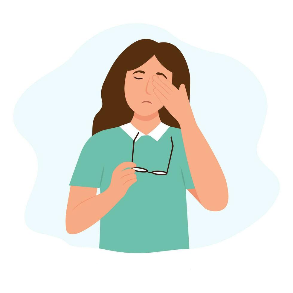 Woman suffers from sore eyes. Inflammation and sharp pain in eyes.  Redness eyes. Conjunctivitis, infection and allergies symptom. Vector illustration.
