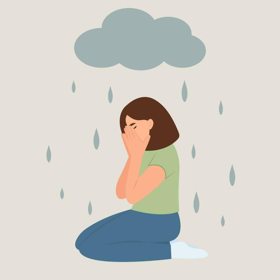 solitario triste joven niña llantos cubierta su cara con su manos. Deprimido mujer sentado lluvia y nube. dolor y dolor. el concepto de mental trastorno, tristeza y depresión. vector ilustración