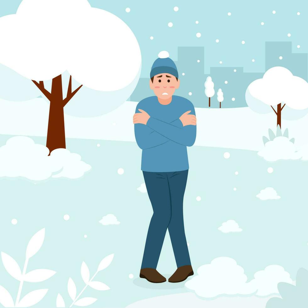 un joven hombre escalofríos desde el frío, abrazos él mismo con su manos. chico sensible a frío congelación al aire libre en el nieve. invierno temporada.frio clima, congelar. vector ilustración