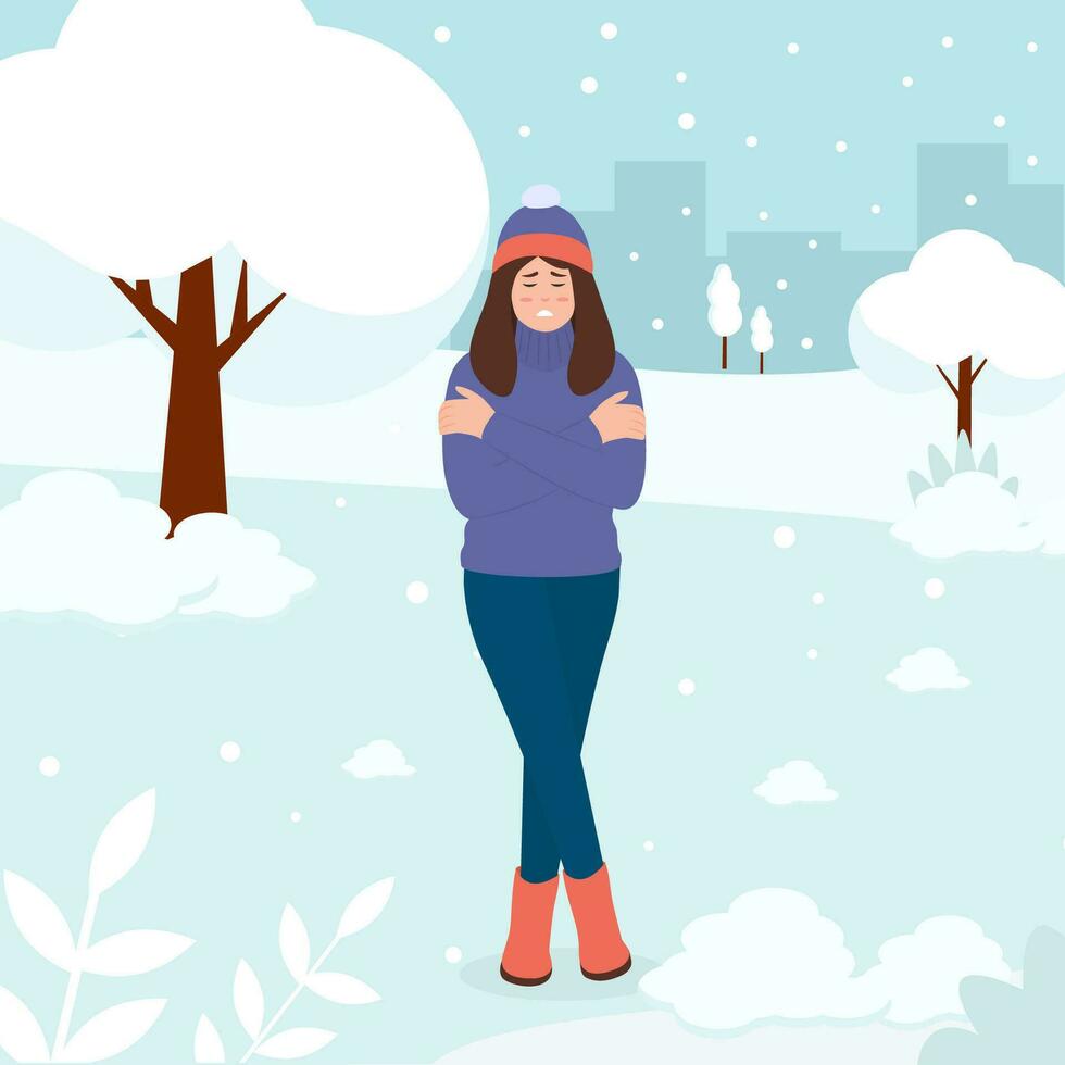 A young woman shivers from the cold, hugs himself with his hands. Girl sensitive to cold freezing outdoor in the snow. Winter season.Cold Weather, Freeze. Vector illustration