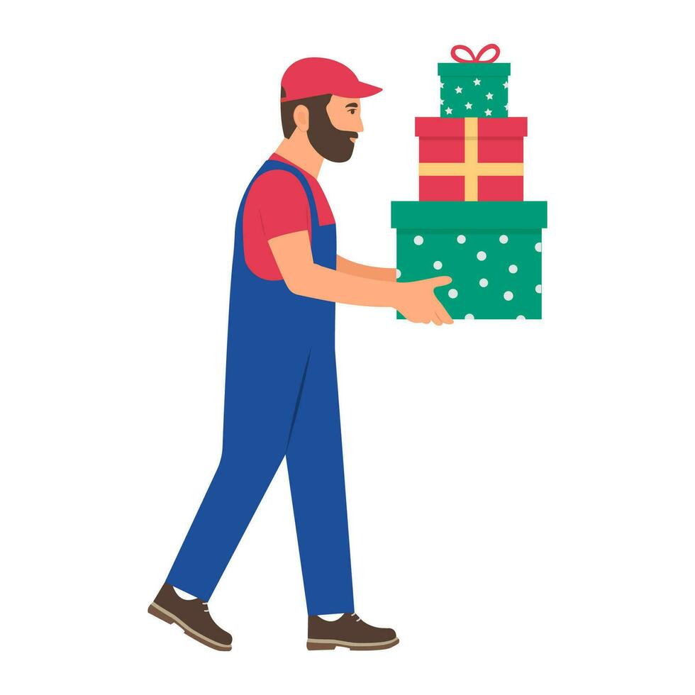 mensajero participación un pila de regalos en el cajas Navidad entrega concepto. vector ilustración