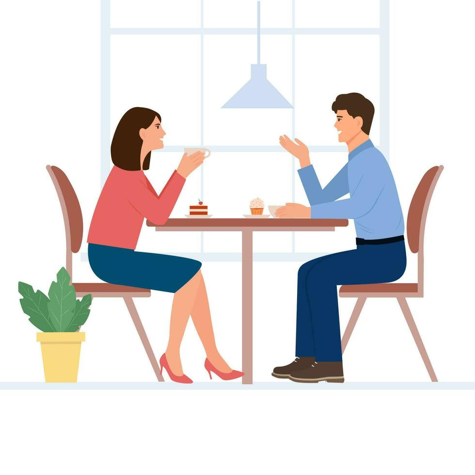 Smilling women sit at the table and chat in a cafe. Female friends drinking tea ot coffee together. People enjoying coffee break in public place, having tea in restaurant,conversation, eating. vector