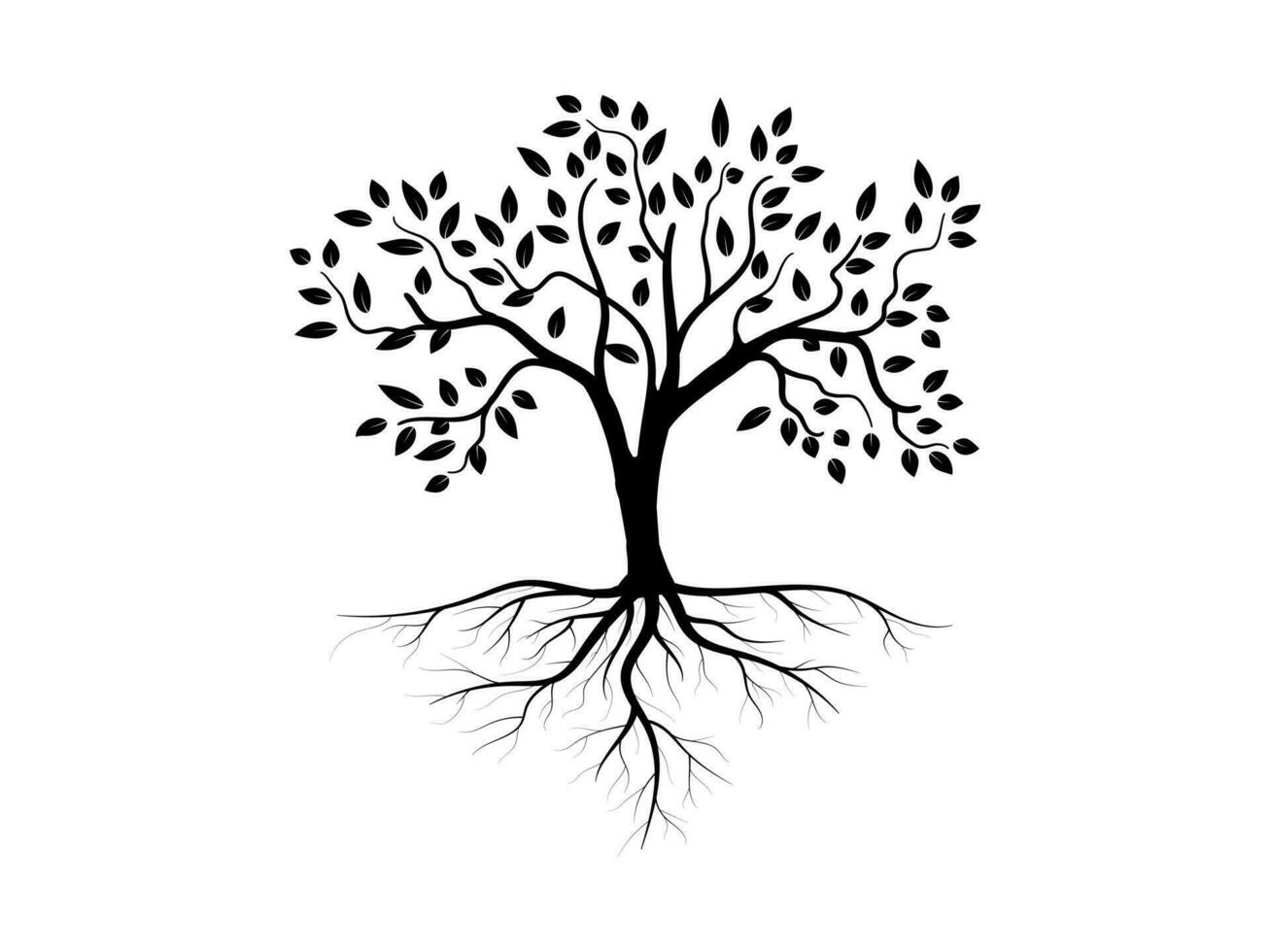 Tree and root silhouette isolated on white background. Tree and roots LOGO style. vector