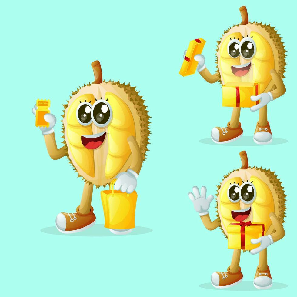 Cute durian characters receiving gifts vector