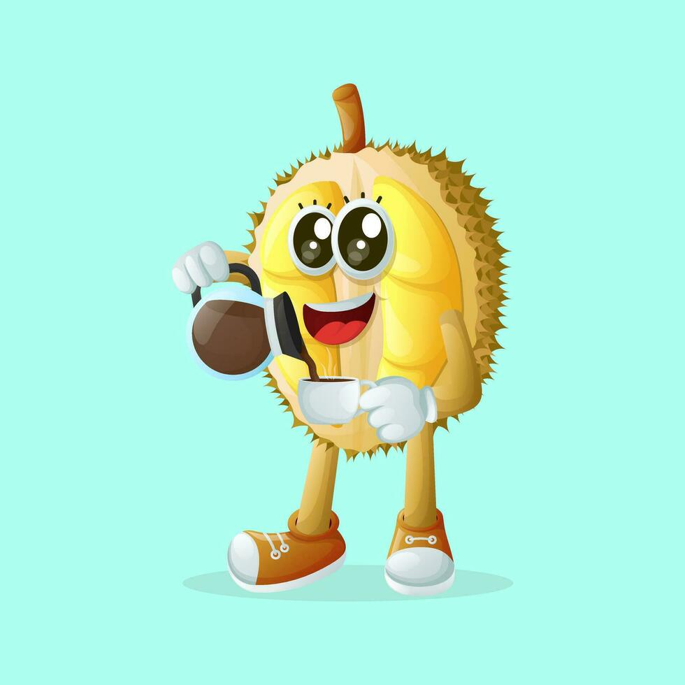 Cute durian character pouring coffee vector