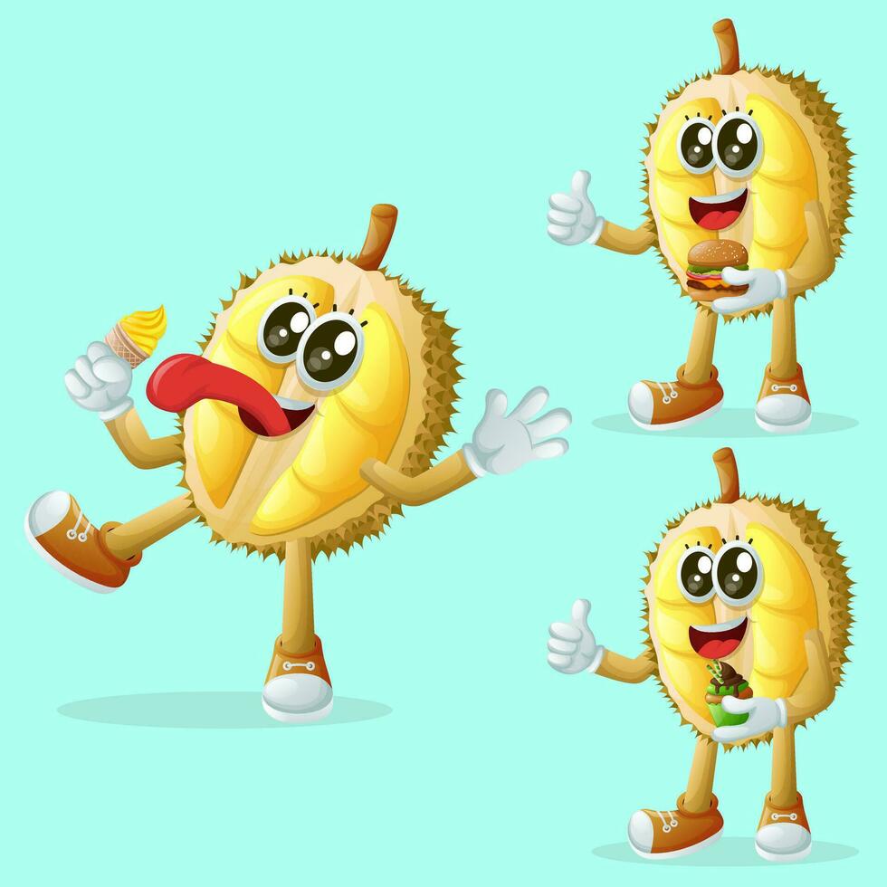 Cute durian characters enjoying food vector