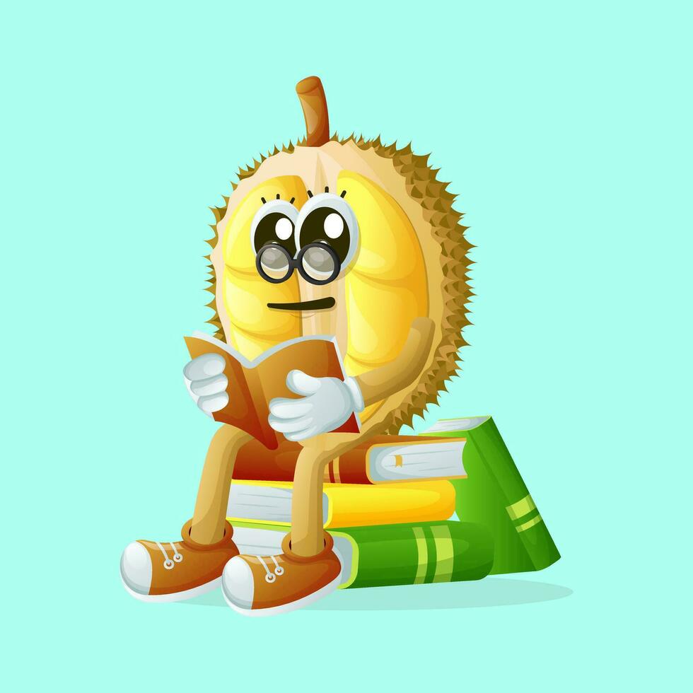 Cute durian character wearing glasses and reading a book vector