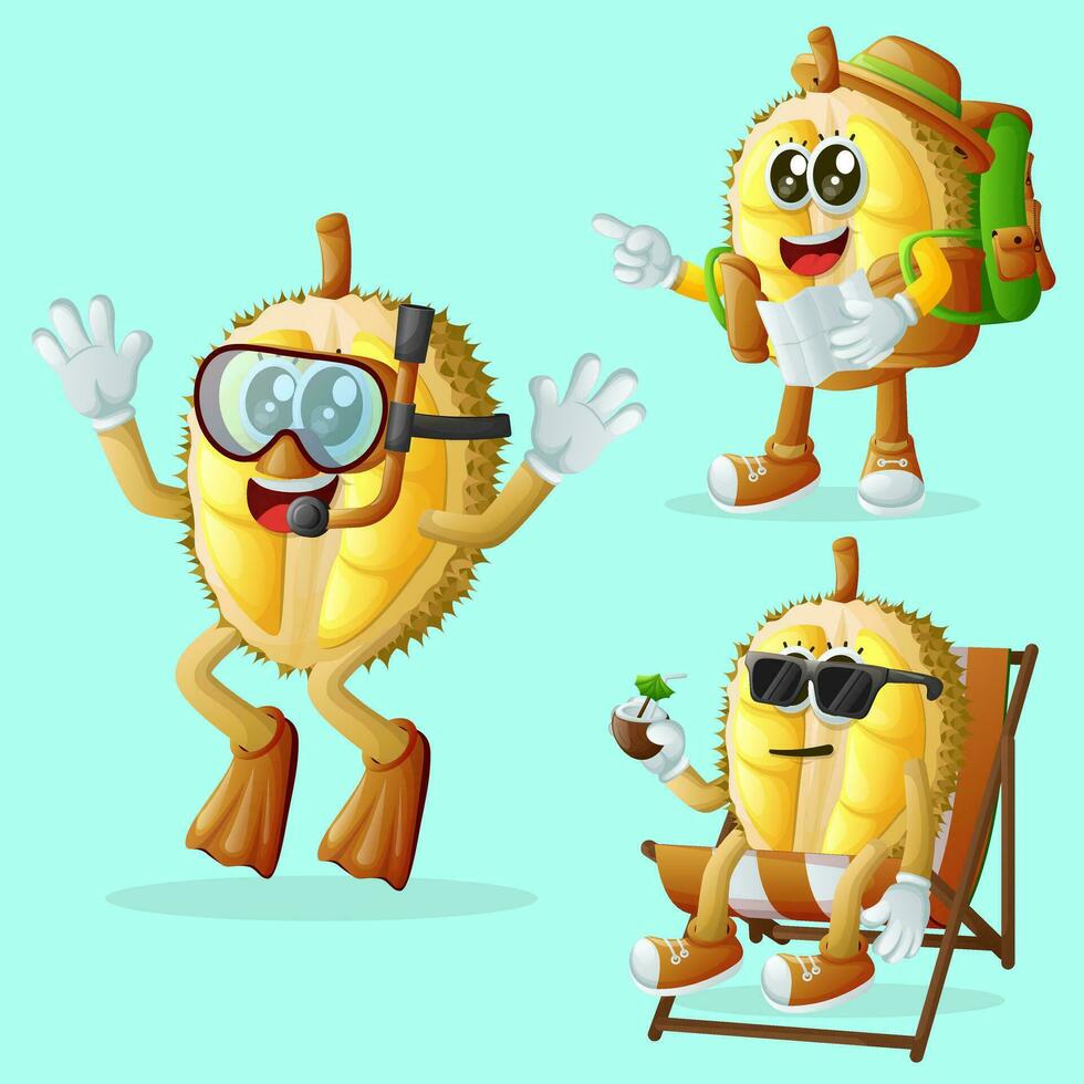 Cute durian characters on vacation vector