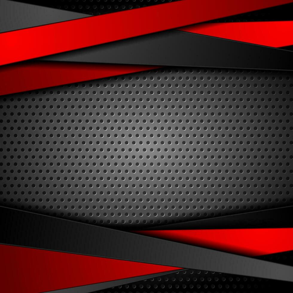 Abstract red black stripes on dark perforated metallic texture vector