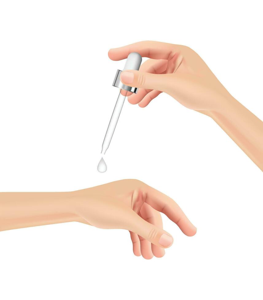 Realistic female hand dripping pipette back of hand on white background, Vector illustration. EPS 10.