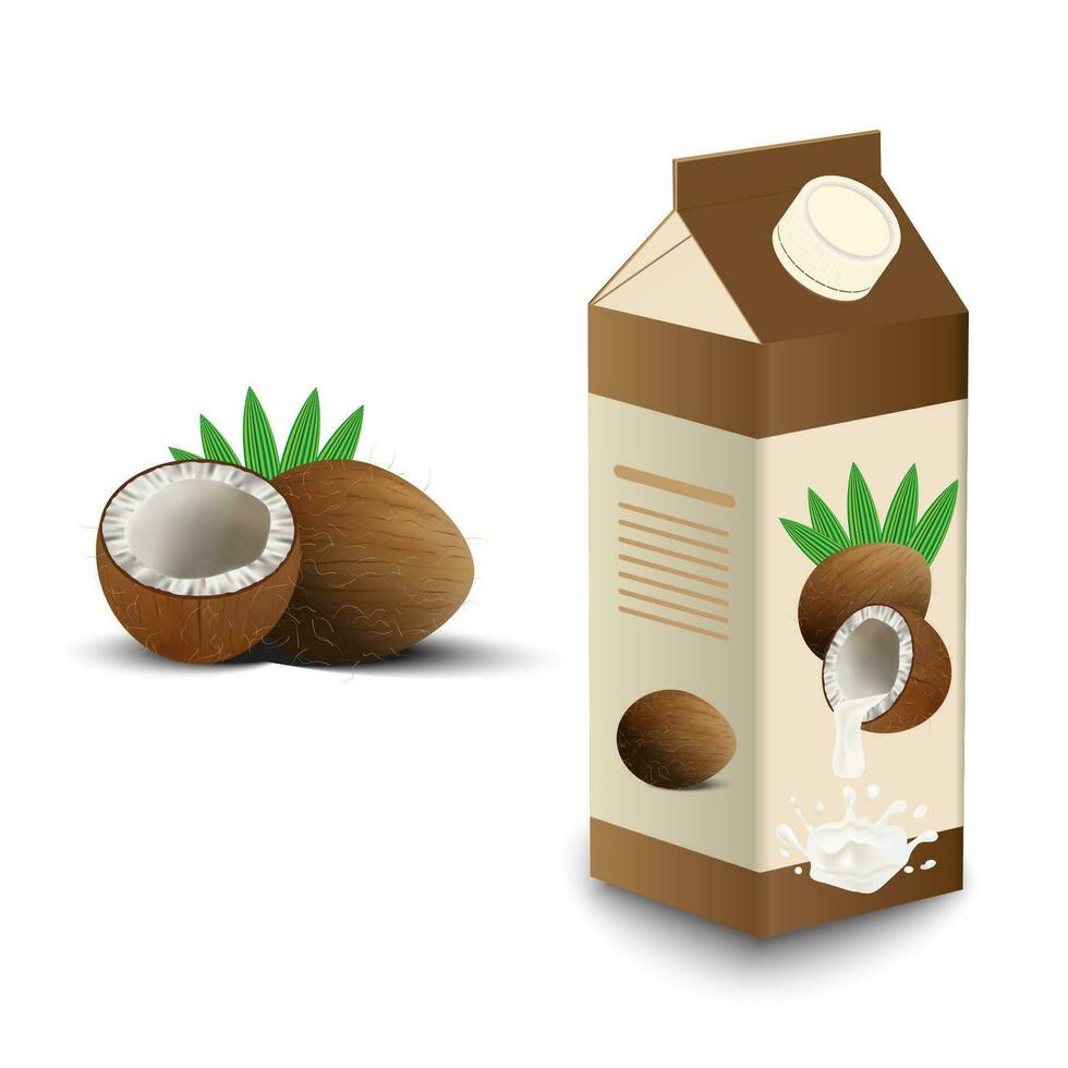Coconut milk Vector realistic mock up. Milk splash label design. Tropic background. Product packaging 3d detailed containers - vector illustration.