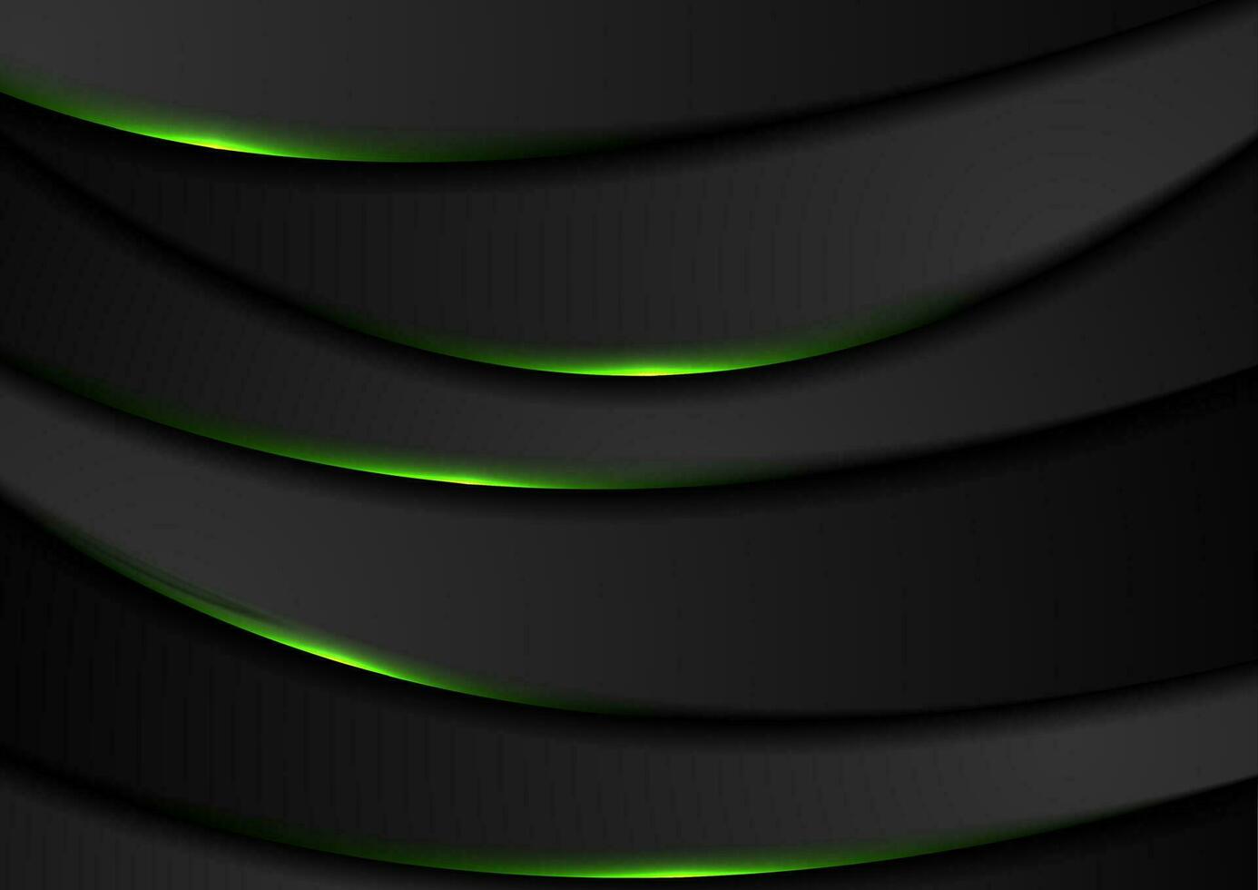 Black abstract wavy background with green neon light vector