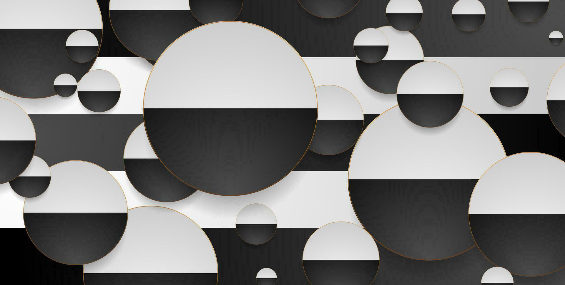 Contrast black and white circles with golden outlines geometric background vector