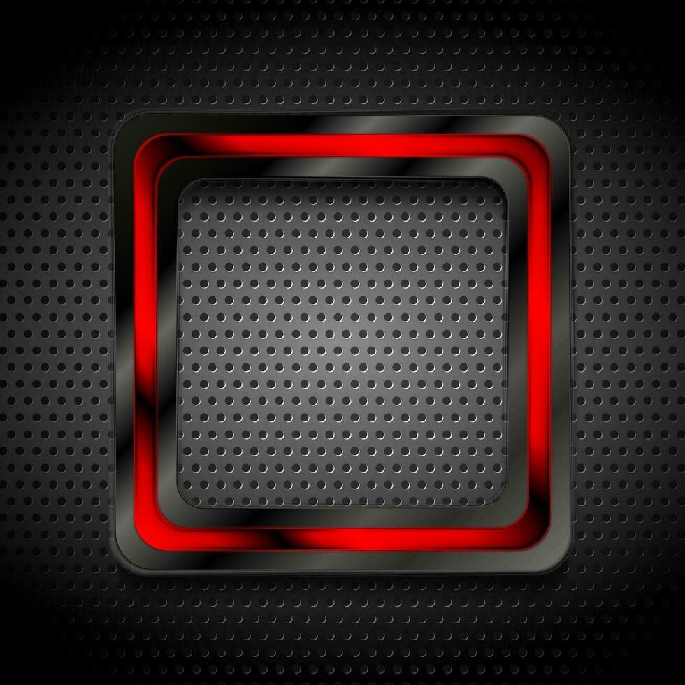 Black and red glossy hi-tech geometric square on perforated background vector