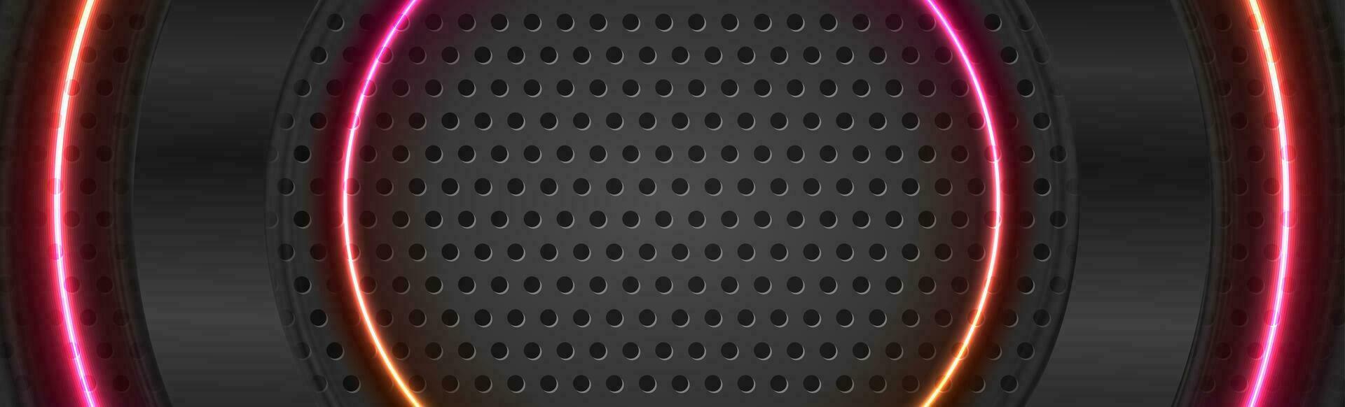 Black glossy and neon circles on dark perforated background vector