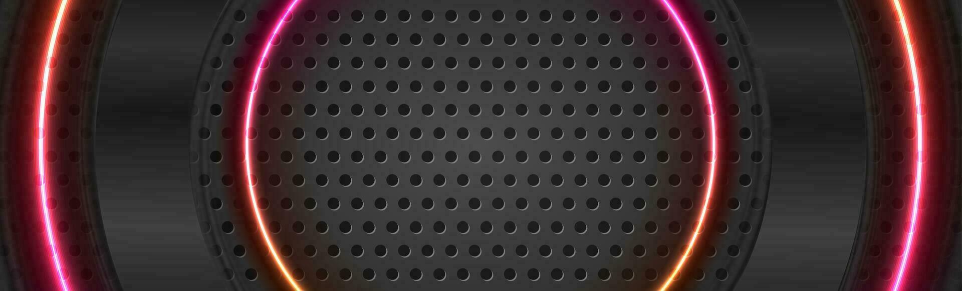 Black glossy and neon circles on dark perforated background vector