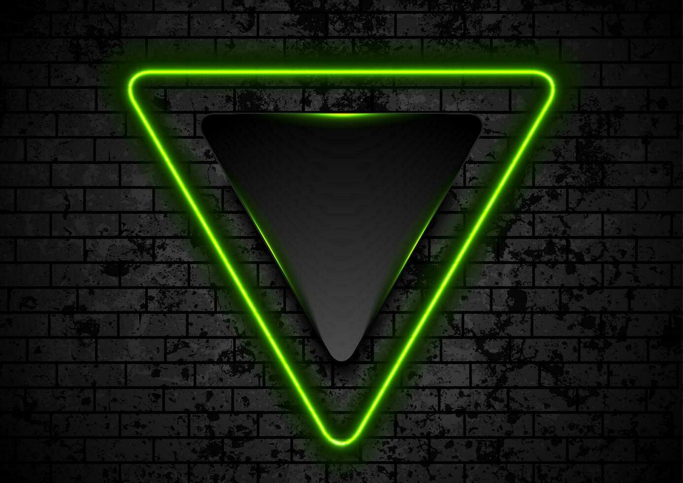 Green neon triangle on dark grunge brick wall background vector