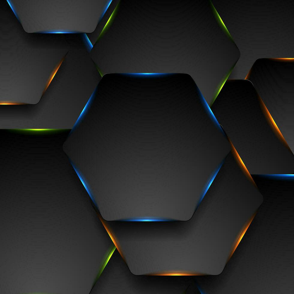 Black tech hexagons with colorful glowing lights abstract background vector