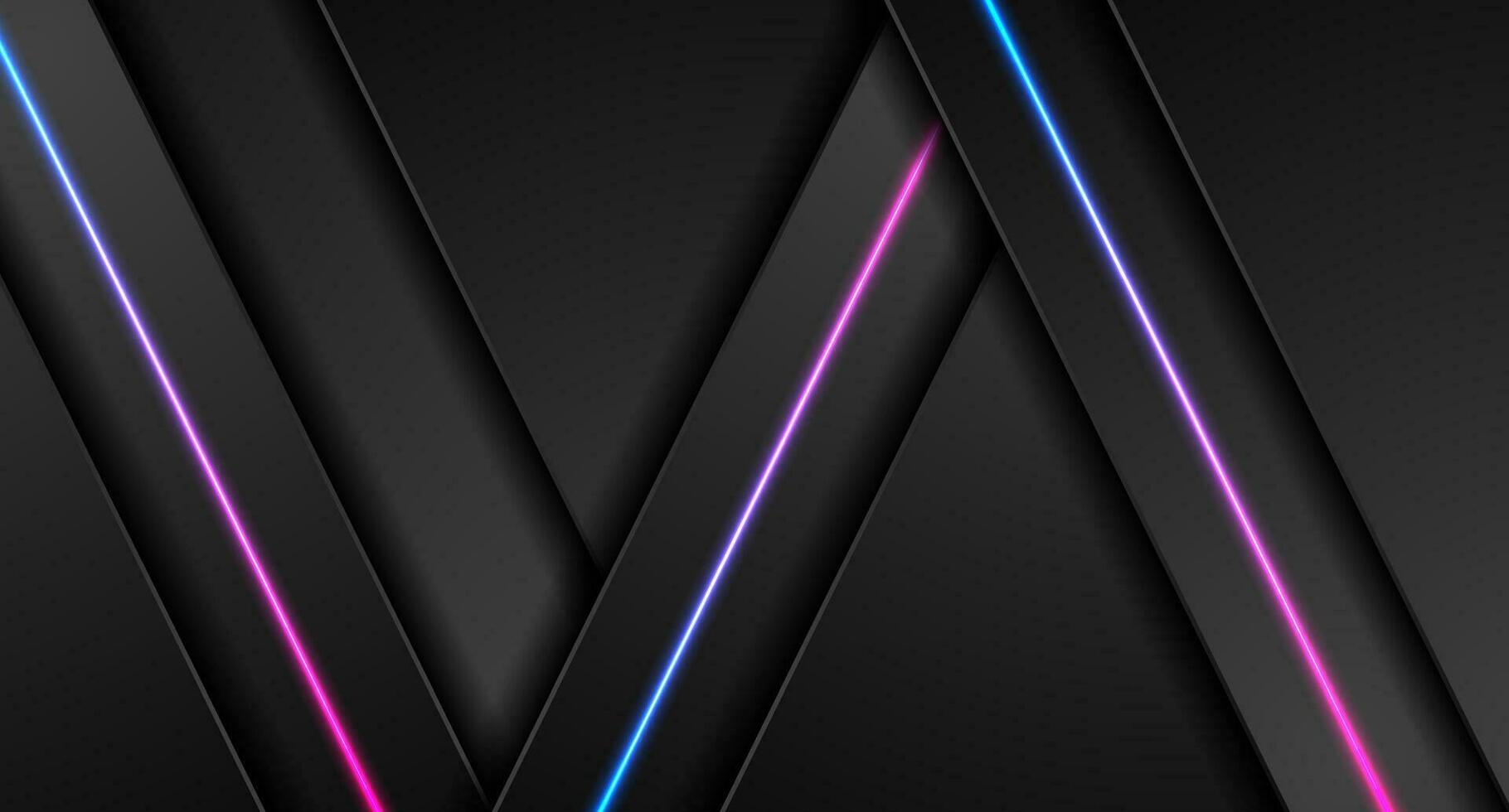 Black tech abstract background with blue and purple neon laser lines vector