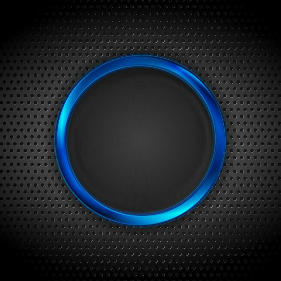Blue glossy circle frame on dark perforated background vector