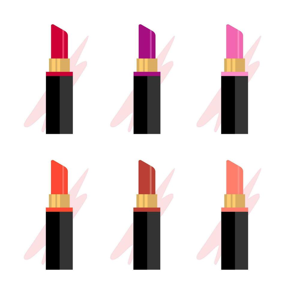 Set of color lipsticks. Red lipstick, pink lipstick, orange lipstick, wine lipstick. Flat multicolored lipsticks. Makeup. Vector illustration EPS 10. Editable stroke.