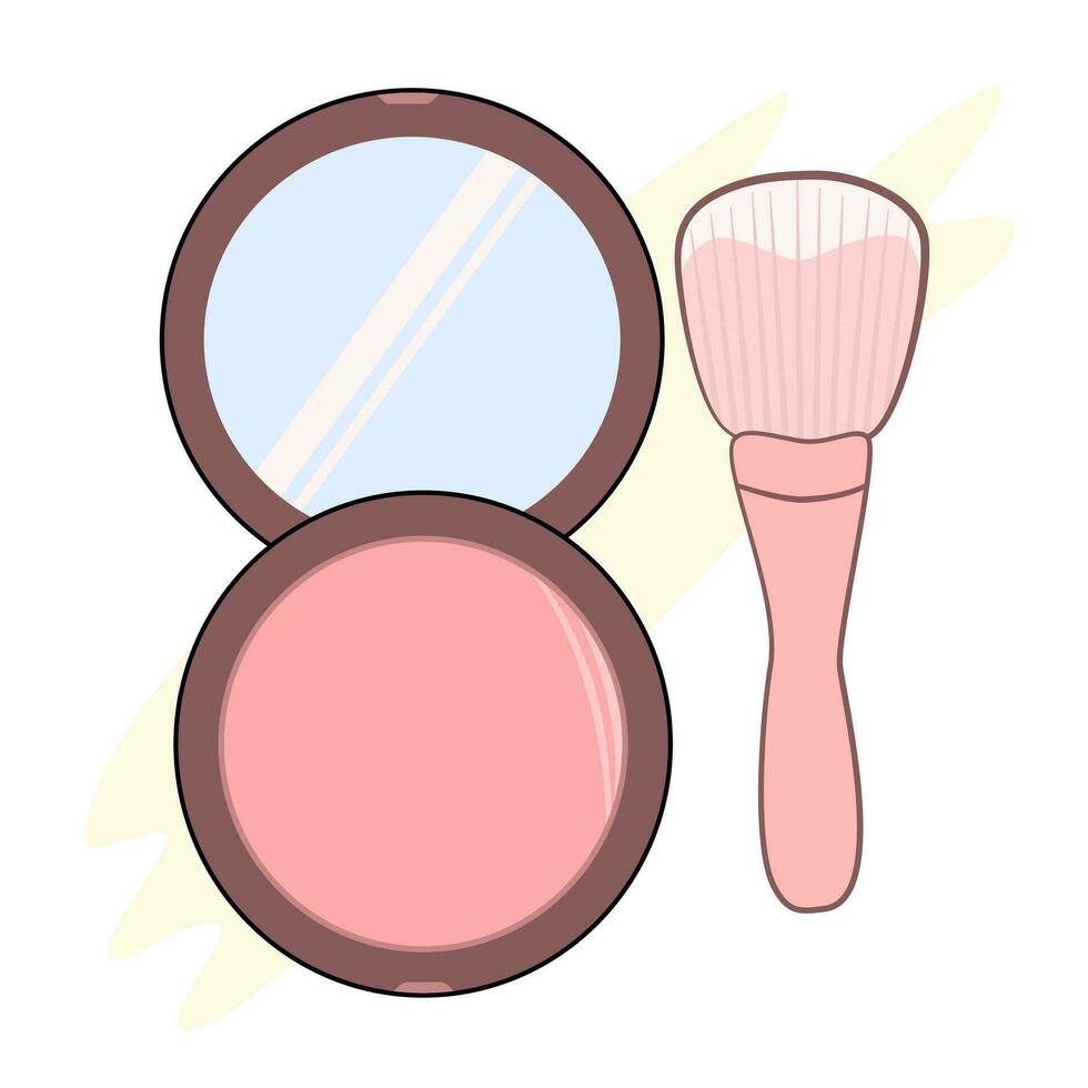 Doodle blush and face powder brush illustration. Cute cartoon beauty cosmetic icon with white background. Fancy pink blush and face powder brush icon set. Vector. vector