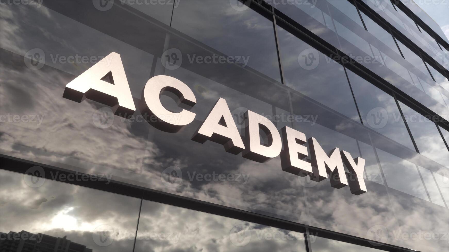 Academy sign on a modern glass skyscraper. Public education, learning, high school and university concept. 3d illustration photo