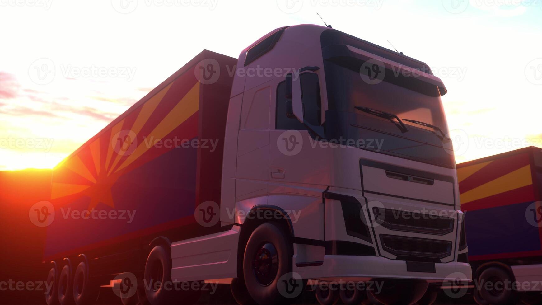 Cargo trucks with Arizona state, USA flag. Trucks from Arizona loading or unloading at warehouse dock. 3d illustration photo