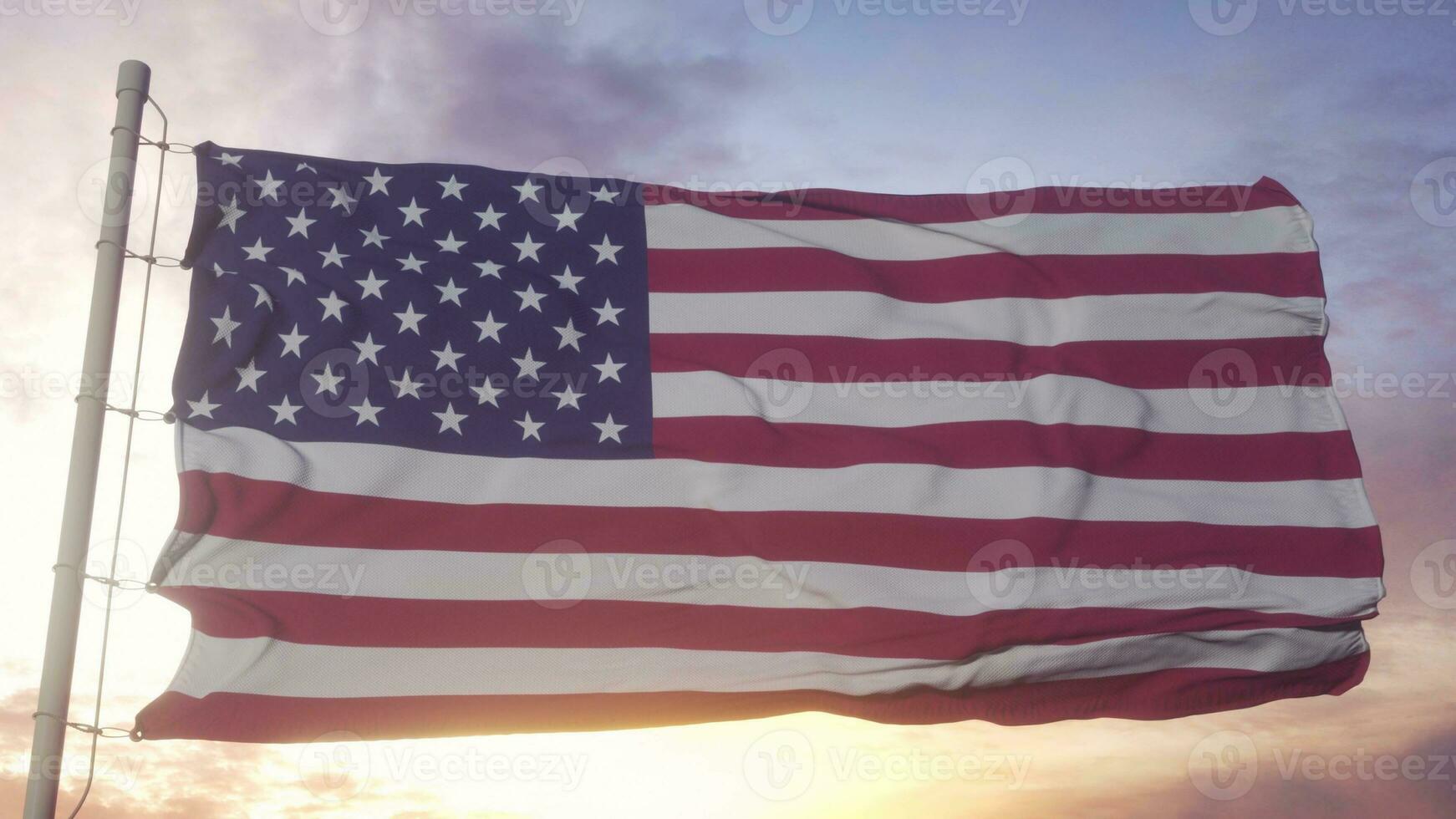 Flag of USA United States of America waving in the wind, sky and sun background. 3d illustration photo
