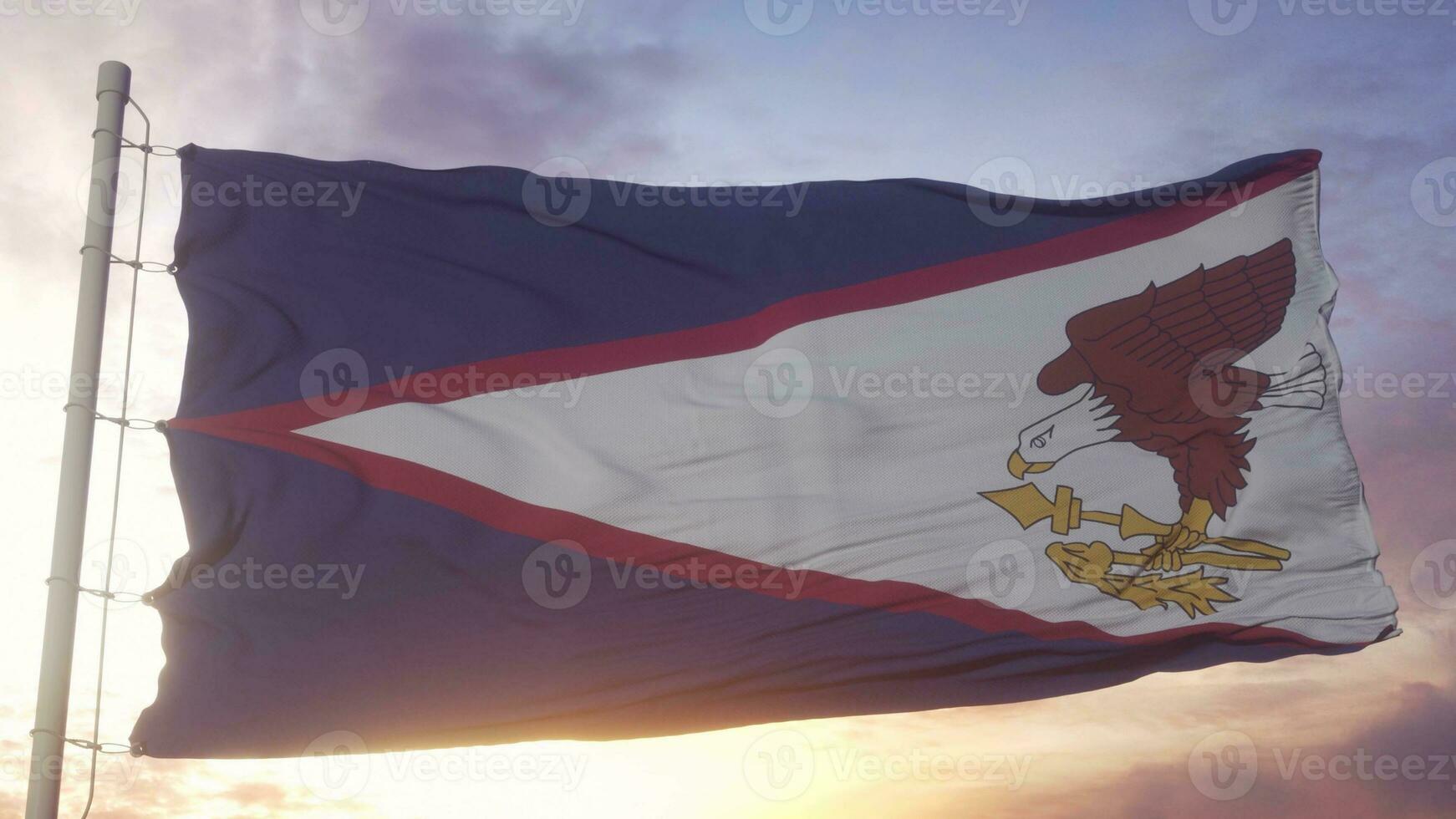 American Samoa flag waving in the wind, sky and sun background. 3d illustration photo