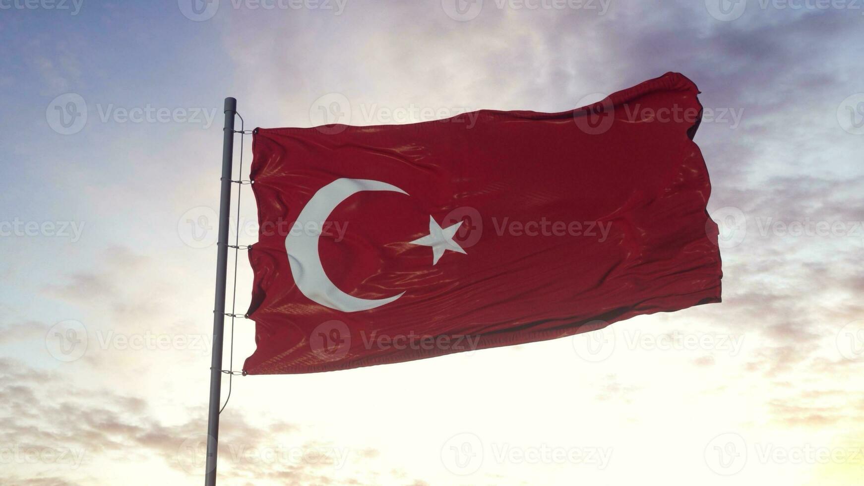 Flag of Turkey waving in the wind, sky and sun background. Turkish Flag Video. 3d illustration photo