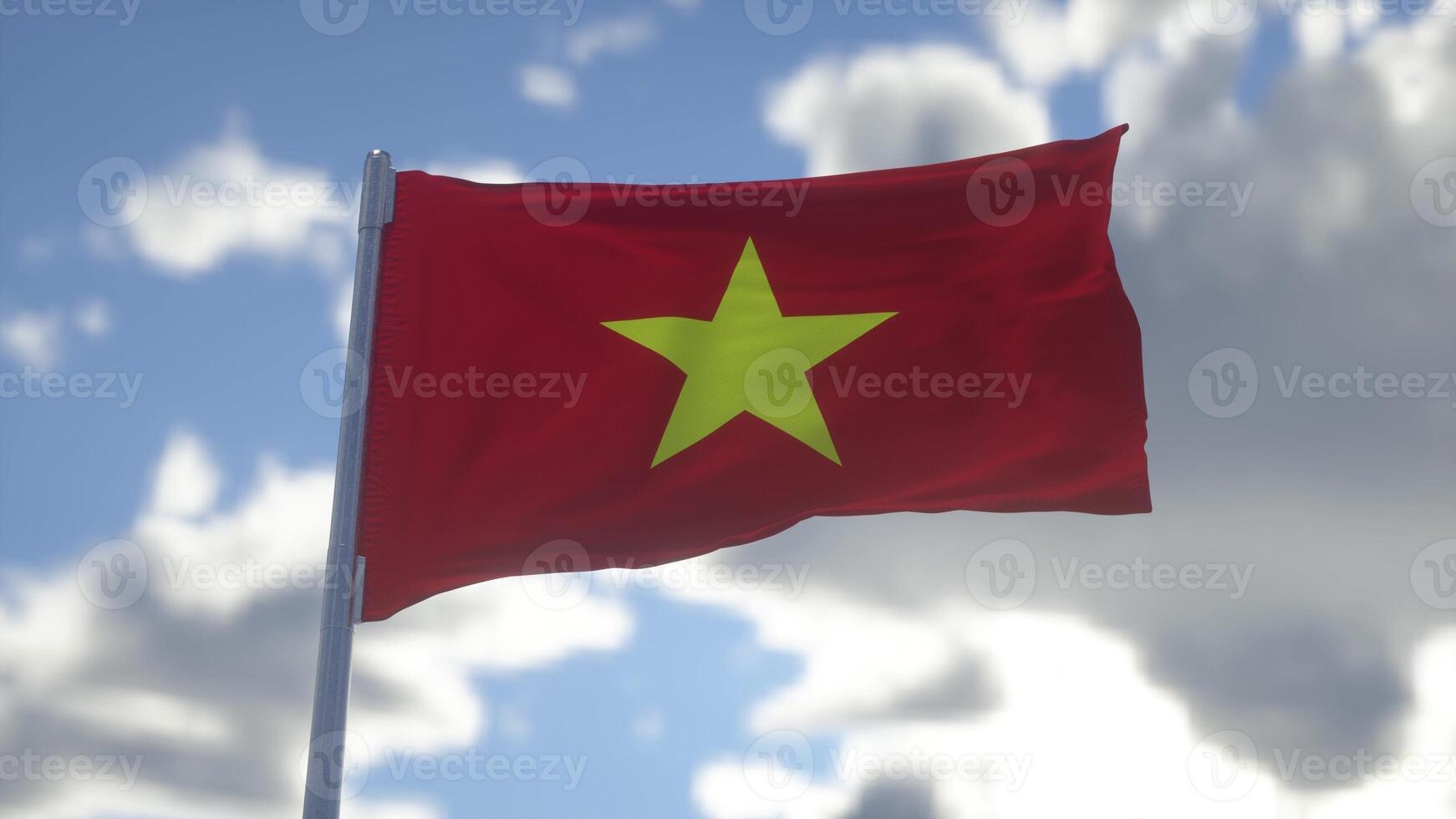 Flag of Vietnam waving at wind against beautiful blue sky. 3d illustration photo